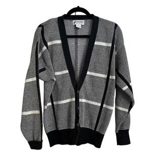 Vintage Sansabelt Sport Cardigan – Black & White Plaid – 100% Cotton Made in USA